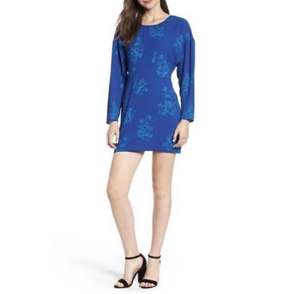 Leith Blue Floral A-Line Dress Knee Length Long Sleeve Scoop Neck Women Size XXS